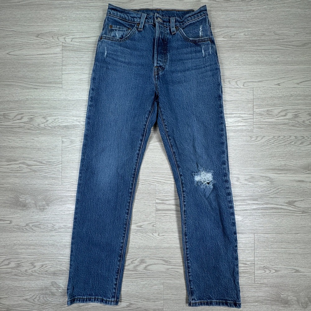 Levis Women's Jeans 501 Original Straight Leg Distressed Blue 25 Premium Denim